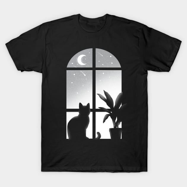 Cat window - Kitty looking stars - infinite night - beautiful moon T-Shirt by BlancaVidal